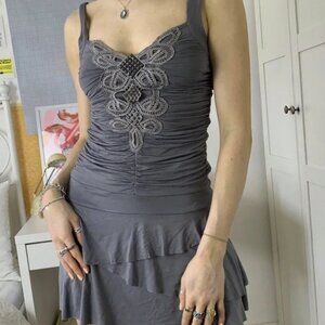 gray ruffle ruched tie back Boho chic dress